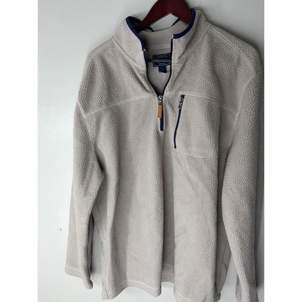 GH Bass & Co Mens XXL Sherpa Fleece 1/4 Zip Pullover Beige Navy Trim Jacket